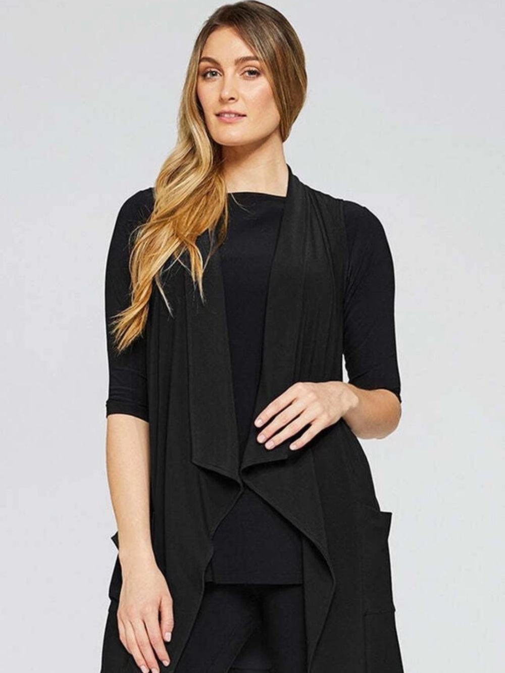 Sympli Black Draped Sleeveless Vest Travel Material Pockets
